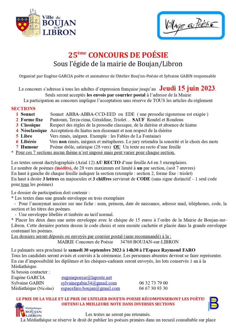 Concours de Poésie 2023 Boujan sur Libron
